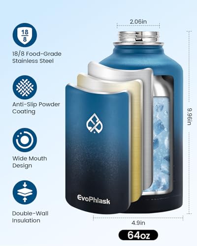 64 oz Insulated Water Bottle with Carrier Bag, Half Gallon Stainless Steel Water Bottle Keep Cold 48Hrs, Vacuum Insulated Large Water Jug for Gym, Travel, Hiking, Indigo Black - color: Indigo/Black, size: 64 Ounces