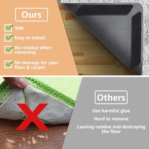 ZONGOOL 12Pcs Rug Tape Gripper No Floor Damage Double Sided Non Slip Carpet | Reusable Washable Grippers No Residue Secure Rug Corners For Hardwood Tile&Laminate Floors Renter Safe Anti-Curl Rug Stickers - color: Black