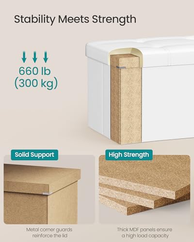 SONGMICS MAZIE Collection - 43 Inches Folding Storage Ottoman Bench, Ottoman with Storage, Foot Rest Stool, Load 660 lb, for Living Room, Synthetic Leather, White ULSF702 - color: White, size: 15"D x 43"W x 15"H