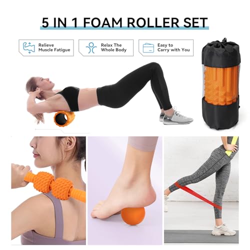 5 in 1 Foam Roller Set, High Density Patented Exercise Roller | Deep Tissue Massage Roller Stick, Massage Ball, Resistance Band for Pilates, Yoga, Whole Body Fitness Exercise, Orange - color: Orange