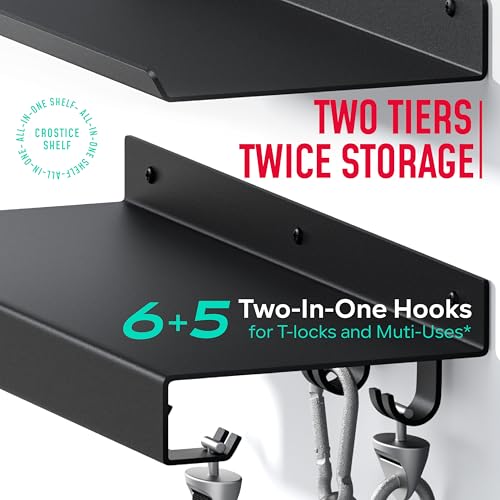 2-Tier Metal Shelf Compatible with Tonal 1& Tonal 2 Accessories | Floating Shelf Organizer for Home Gym Storage, T-Locks Adapter Bracket Hanger, Wall Mounted Rack with Hooks, Workout Holder