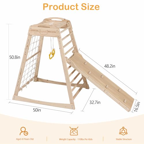 Indoor Jungle Gym, Wooden Indoor Playground, (7 in 1) Toddler Climbing Toys, Gym with Slide, Climbing Net, Swing, Gymnastics Ring