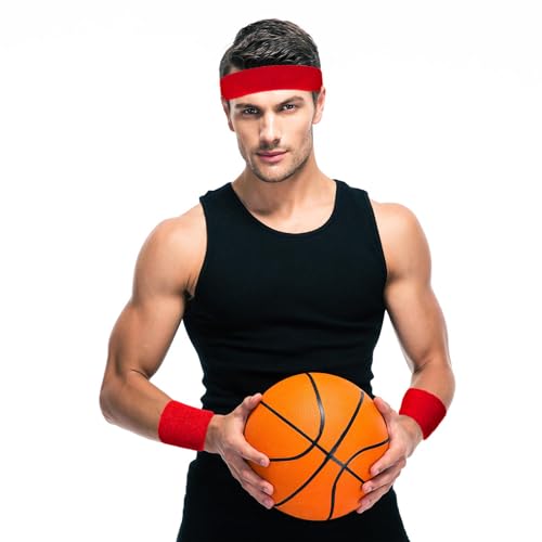 Bememo 6 Pcs Neon Sports Sweatbands Set Sports Competitions Sweatbands 2 Headband 4 Wristbands Breathable Terry Cloth Athletic Bands for Team Soccer Spirit 80s Costumes Cosplay - color: Red