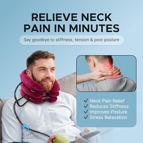 Inflatable Neck Stretcher for Neck Pain Relief, Cervical Traction Device with Hand Pump, 3-Layer Adjustable Neck Decompression Collar for Pinched Nerve, Stiff Neck & Tech Neck Support | Breathable Material - color: Blush Rose Pink