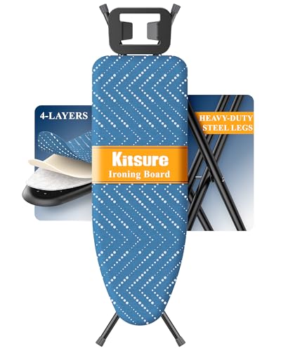 Kitsure Folding Ironing Board - Height Adjustable Iron Board in Full Size, Wobble-Free & Heavy-Duty Ironing Board with Cover and Pad for Heat Resistance, Blue, 43"L x 13"W x 35.8"H, Garment Steamer - color: Blue