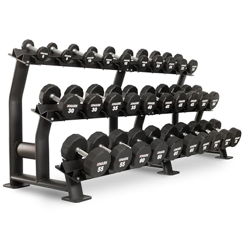 XMARK Dumbbell Weights Sets, 5-50lb and 5-75lb Dumbbell Sets, No Odor, Urethane Dumbbells, Commercial Gym and Home Gym Equipment - color: 08) 5-75lb 12-Sided & Classic Rack