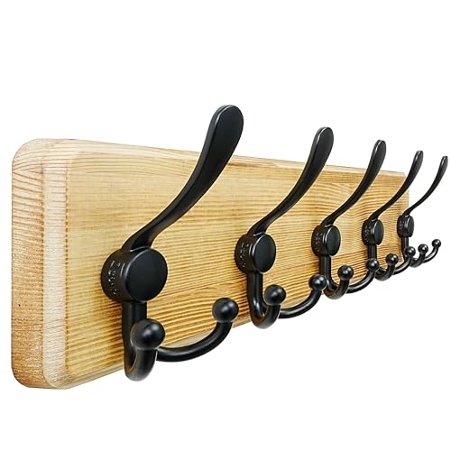 Dseap Coat Rack Wall Mount - Heavy-Duty Robust Rustic Wooden Wall Coat Hanger Hook Rail with 5 Triple Hooks for Winter Jacket & Hat Clothing, Light Brown & Black - color: Light Brown & Black, size: L=17.4"