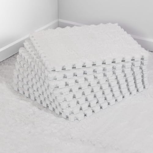 12 pcs Thickened Plush Foam Interlocking Floor Mat, Interlocking Foam Tiles with Edgings for Baby, Soft Anti-Slip Puzzle Area Square Rug Playmat for Children Room Bedroom(11.8", White) - color: White