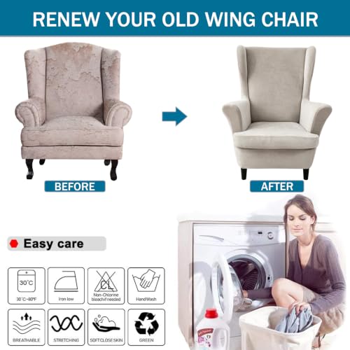 NILUOH Thick Velvet Wingback Chair Slipcovers 2-Piece, Stretch Wing Chair Covers Soft Sofa Slipcover Wing Back Armchair Cover Furniture Protector for Living Room - color: Oatmeal Color