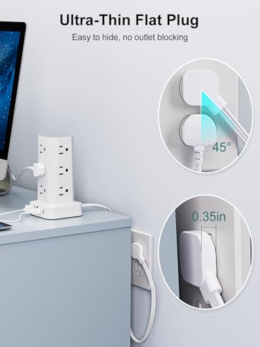 Power Strip Tower Surge Protector, 10FT Flat Plug Extension Cord with Multiple Outlets, 12 AC Outlets 4 USB (2 USB C), Desktop Charging Station with Surge Protection for Home Office Dorm Room, White - color: White, size: 10FT