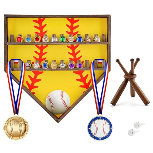 Wooden Championship Ring Display Case for 24 Rings with Medal Hooks | Wall Mounted Wood Ring Holder, Fits Most Ring Sizes, Includes Medal Hooks and Baseball Stand, For Sports Awards Room Decor