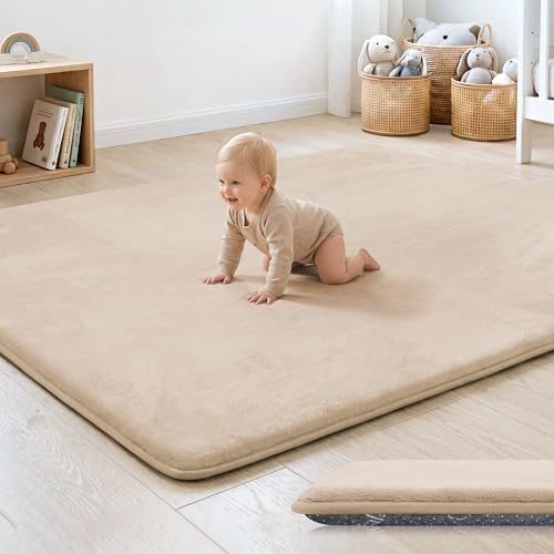 1.3" Thick Baby Floor Play Mat 50x50, Basic Padded Foam Mat for Tummy Time Crawling, Non Slip Cushioned for Babies Toddlers Infants Kids (Beige) - color: Beige, size: 50"x50"x1.3"