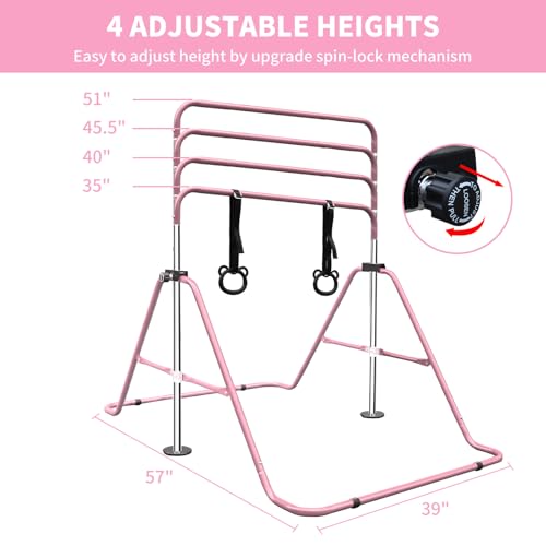 Gymnastics Bars for Kids with Rings, Junior Kip Training Bars Equipment for Home, Folding Height Adjustable Horizontal Bars - color: Pink