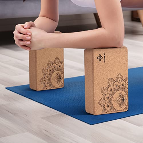 Overmont Cork Yoga Blocks 2 pack with 8ft Strap Natural Cork Bricks | High Density & Eco Friendly Yoga Accessories for Women - Ideal for Yoga Pilates General Fitness and Stretching 9x6x3''
