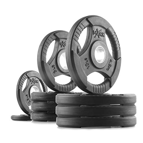 XMARK TRI-GRIP Pair or Set of Olympic Weight Plates, Rubber Coated Exercise Weights for Olympic Barbell, Strength Training Weight Set for Home Gym - color: 06) Set 65 lbs