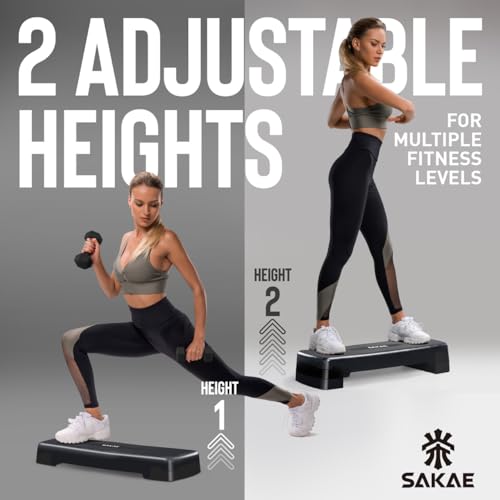 SAKAE Aerobics Step Platform Set with Weighted Vest & Measuring Tape, Adjustable Height 2 Level Risers Workout Step Trainer with Non-Slip Surface, Step Platform for Home Exercise, Multiple Colors - color: Black