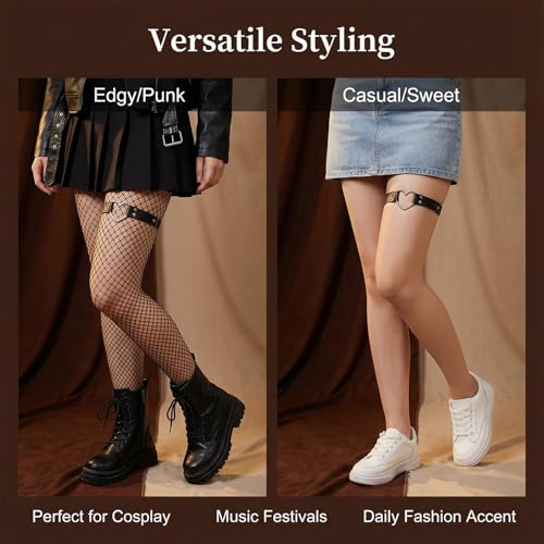 2Pcs Leather Thigh Garter, Adjustable Black Thigh Straps, PU Leather Heart Garter Belt for Women, Elastic Leg Ring Garters for Cosplay Parties Music Festival
