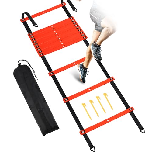 Fixed Rung Agility Ladder - 20ft 12 Rungs No Tangle Speed and Agility Training Equipment for Soccer Footwork Training with Carrying Bag/Ground Stakes for Adults Youth Kids - color: Orange