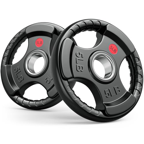 Gikpal Olympic Weight Plates, 2-Inch Three-Grip Rubber Coated Barbell Plates with Steel Hub, Cast Iron Weights for Strength Training & Home Gym, Pair or Sets (2.5–45LB) - style: 2 X 5LBS