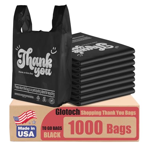 Glotoch 1000 Count Plastic Thank You T-shirt Bags Black, 11.5" x 6.5" x 21" Grocery Bags with Handles for Restaurant, Retail, Grocery Store, Takeout, Convenience Stores, Shopping Bag in Bulk - color: Black Thank You, size: 1000 Count