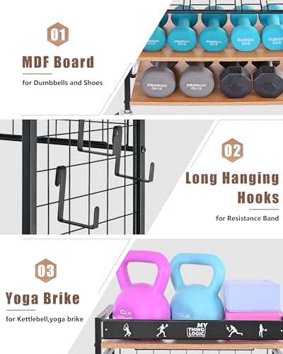 Mythinglogic Home Gym Storage Rack with Wheels for Dumbbells and Yoga Mats | Versatile storage with shelves, hooks and side holders for kettlebells, foam rollers, bands, weight plates and gym gear - color: Black+Brown