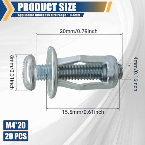 M4 x 20 Hollow Door Anchor Set, 20 Pack | Metal Cavity Fixing, Aluminium Cladding, Extra Short Wall Anchors for Steel Pipe Iron Sheet Plastic Sheet - size: 20 Pack M4 x 20