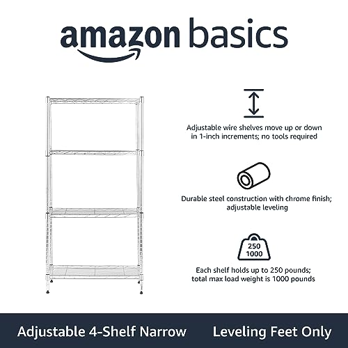Amazon Basics 4-Shelf Adjustable Storage Shelving Unit for Garage, Steel Wire Rack, 200 Pound Loading Capacity per Shelf, 13.4"D x 23.2"W x 48"H, Chrome - color: Chrome, size: 23.2"L x13.4" W x 48"H, style: 4 -Shelf