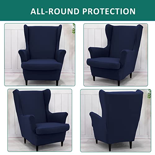 NILUOH Wingback Chair Cover 2-Piece Soft Stretch Wing Chair Slipcover Solid Color Armchair Sofa Couch Cover Furniture Protector with Elastic Bottom for Living Room Bedroom (Navy) - color: Navy