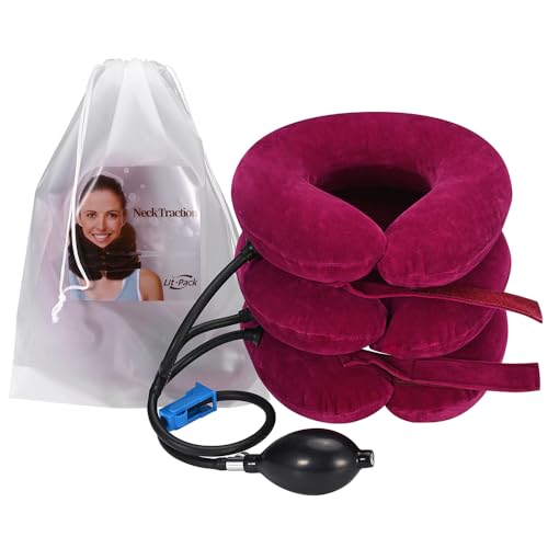 Lit-Pack Cervical Neck & Vertebra Traction Device for Neck Pain Relief, Adjustable Inflatable Neck Stretcher Pillow for Neck Tension Relief Decompression Neck Brace Pump with Carrying Bag red Color - color: Red