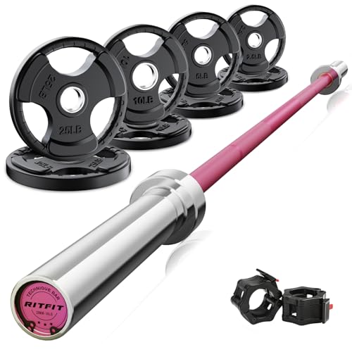 RitFit Barbell Weight Set - 4/6FT Olympic Barbell with Weight Plates (55-115LB Total) - Weightlifting Equipment for Squats, Curls, Deadlifts, Presses, Hip Thrusts - color: Pink, size: 6FT With 85LB Plates