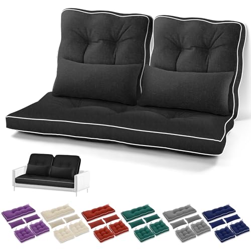 Chunful Set of 5 Outdoor Bench Cushions Set 44 x 19 Inch Tufted Waterproof Patio Furniture Seat Pad with Throw Pillows Loveseat Cushion for Square Settee Indoor Sofa Wicker Couch(Black) - color: Black