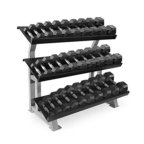 WF Athletic Supply Rubber Coated Hex Dumbbell Set, Multiple Choices Available - Dumbbells with Rack Stand and Mat, or Dumbbells Only (200/550/1200/2100/3000 LB) - color: f. 10 - 70LB w/ 3-tier Rack (No Mat)