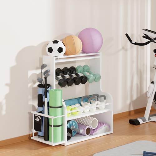 APRTAT Bamboo Dumbbell Rack, Adjustable Weight Rack for Home Gym, All-in-One Workout Equipment Storage for Dumbbells, Kettlebells, Yoga Mats & Balls - color: White