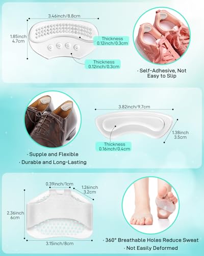 10PCS High Heel Comfort Pad Inserts, Silicone Shoe Cushion Insoles Heel Grips Liner Metatarsal Pads for Women Shoes Too Big, Prevent Rubbing Blisters, Self Adhesive, Clear