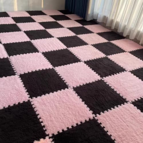 12Pcs Plush Foam Floor Mat,Plush Interlocking Carpet Tiles,Anti-Slip Square Puzzle Floor Mat,EVA Foam Area Rugs for Bedroom Playroom (Pink+Black) - color: Pink+black