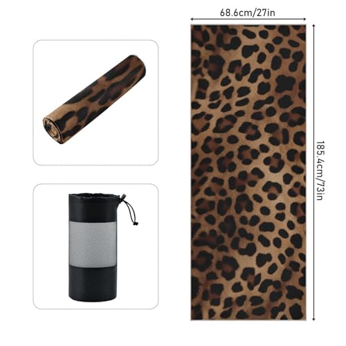 Leopard Print Yoga Mat Towel, Sweat Absorbent Hot Yoga Towel with Non Slip Grip, Soft Yoga Blanket with Travel Bag for Workout, Gym, Pilates, Fitness - 73" x 27"