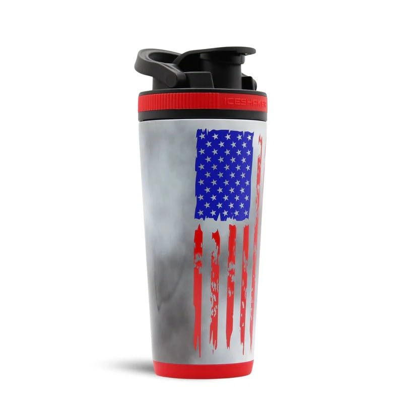 Ice Shaker Insulated Stainless Steel Shaker Bottle | 26oz, American Flag | Cold for 30+ Hours | Insulated Cup with Twist-on Agitator | Odor-Free Shaker Cup for Protein Shakes, Smoothies, Cocktails - color: American Flag