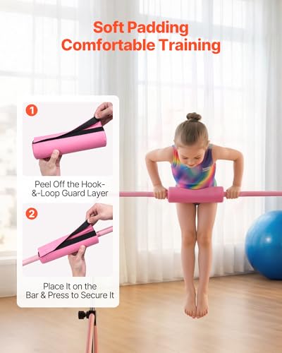 VEVOR Gymnastic Bars for Kids, 140 lbs Capacity Folding Training Kip Bar with Mat, 5 Adjustable Height Gymnastic Horizontal Bar Home, Training Equipment for Indoor Outdoor, Easy Assemble - color: Pink