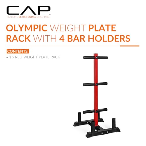 CAP Barbell Olympic Bumper Plate Tree Rack with Weight Plate Posts and Barbell Storage Holders – Multiple Options – Heavy-Duty Steel Gym Organizer for Olympic Plates and Bars