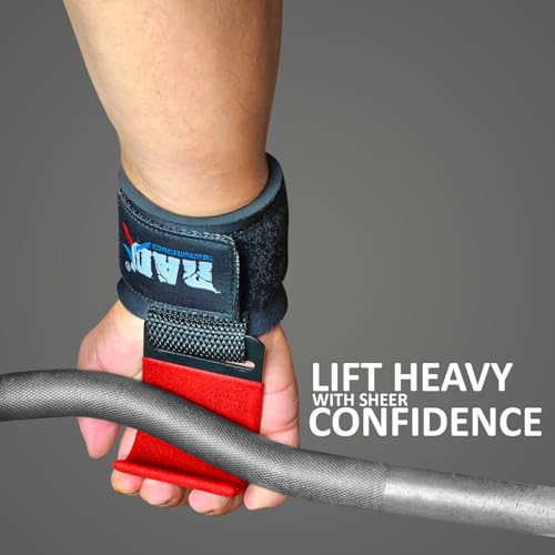 RAD Weight Lifting Hooks (Pair) Comfortable Anti-Rip Nylon Strap Extra Strong Hand Grips for Men & Women Powerlifting Heavy Duty Thick Wrist Padding Gym Workout Enhancer for Power Deadlift Pull Up - color: Red