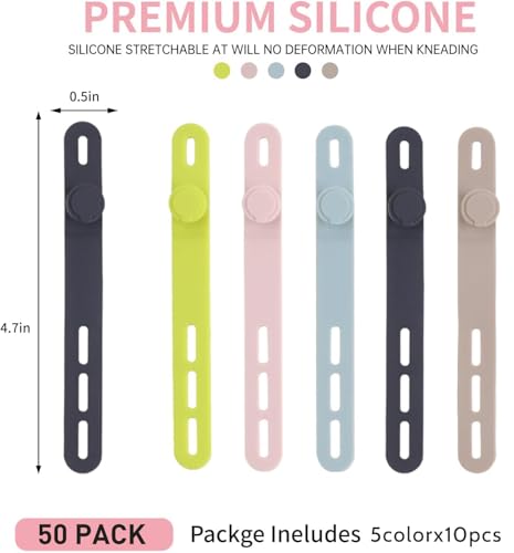 Oligei 50 Pcs Silicone Cable Ties, Cable Ties Reusable, High Elasticity Cord Wraps for Electrical Cords, Cord Organizer for Earphone, Phone Charger(Colorful) - color: 50p∣colorful