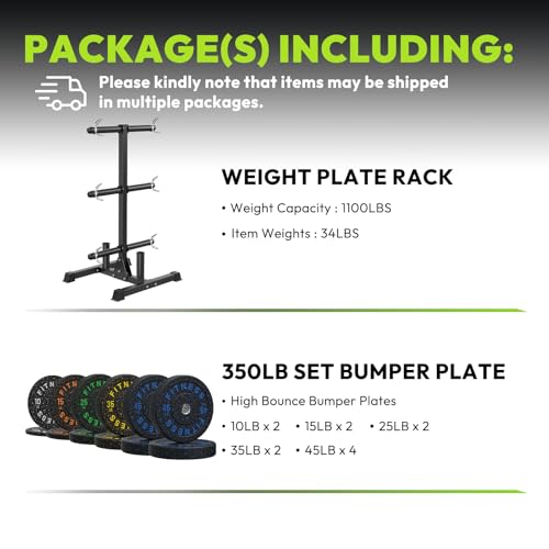 HANDBODE Weight Plate Rack with Barbell Storage, 1100 lbs Capacity | 6-Peg Vertical Holder for 1- or 2-Inch Plates, Heavy-Duty Organizer for Home Gym - style: 350 LB - Set with Rack