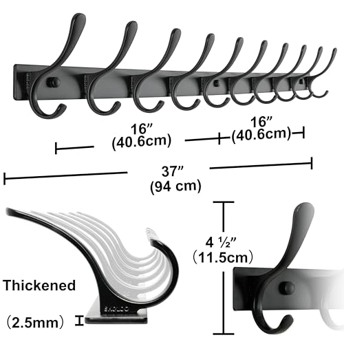SKOLOO Coat Rack Wall Mounted - 10 Hooks, Heavy Duty, Stainless Steel, Metal Wall Hangers, Sturdy Coat Hooks for Hanging Coats, Jacket, Clothes, Hat, Black - color: Black, size: 10 Hook(1 Pack)