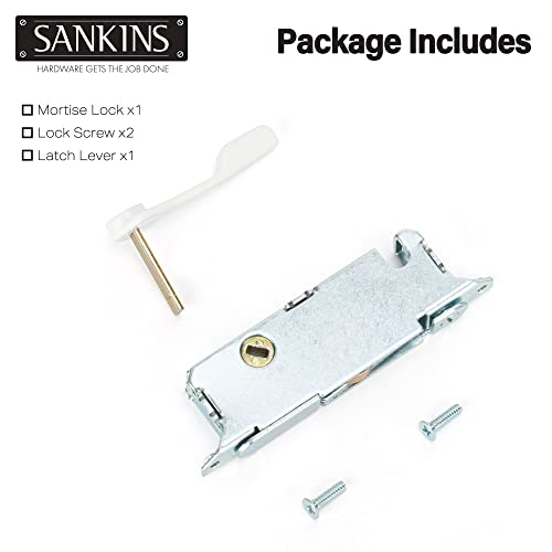 Mortise Lock with White Latch Lever, Adjustable Spring-Loaded Hook Latch Projection for Sliding Patio Doors, 45 Degree Angle Keyway, Fits 3-11/16” Hole Spacing, Round-End Faceplate - color: White, size: Mortise Lock+Latch Lever