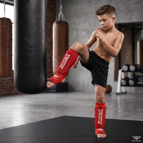 Be Smart Kids, Adults, Youth, Men and Women Muay Thai MMA Kickboxing Shin Guards, Instep Guard Training, Sparring Protective Gear Equipment Shin Kick Pads - color: Red, size: XXS ( 9 to 13 Years )