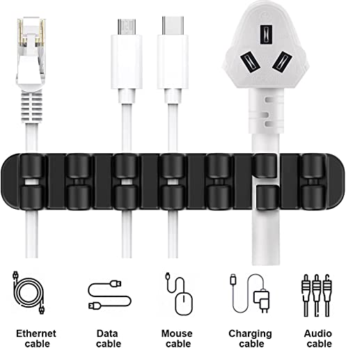 SOULWIT Upgraded Cable Holder, Cable Management Cord Organizer Clips Silicone Self Adhesive for Desktop USB Charging Cable Power Cord Bedside Wire PC Office Home (3/5/7 slot,Black) - color: Black