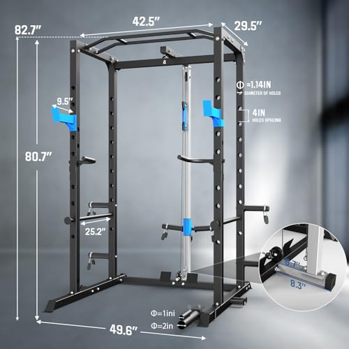 ULTRA FUEGO Power Cage, Multi-Functional Power Rack with J-Hooks, Dip Handles, Landmine Attachment and Optional Cable Pulley System for Home Gym - size: Power Cage with Pulley System