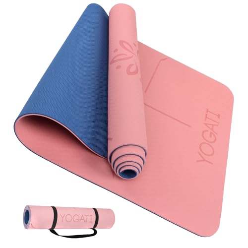 YOGATI® Yoga Mat with Strap with Alignment Lines. Home Workout Mat for Women, Men and Kids. Thick Non Slip Yoga Mat for Pilates and Fitness. Brown, Pink and Purple Yoga Mats - color: Pink