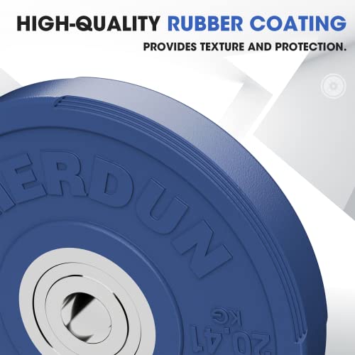 FEIERDUN Color Bumper Plate Set, 2-Inch Olympic Weight Plates, Low Bounce Rubber Barbell Plates with Stainless Steel Insert for Weightlifting, Strength Training, CrossFit & Home Gym, 10LB-370LB - style: E) 45LBS Single