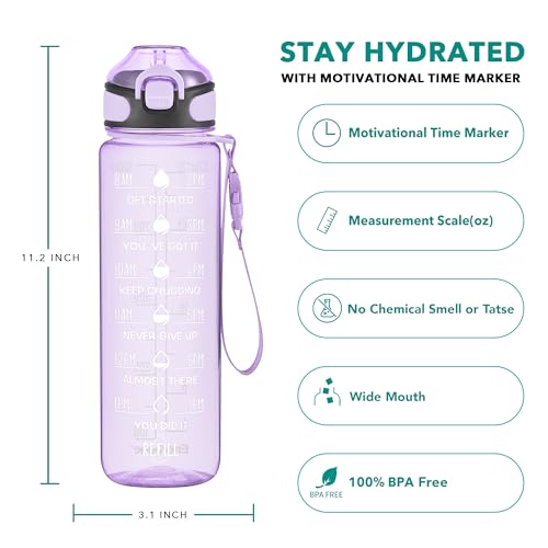 Enerbone 32 oz Water Bottle with Times to Drink and Straw, Motivational Drinking Water Bottles with Carrying Strap, Leakproof BPA & Toxic Free, Ensure You Drink Enough Water for Fitness Gym Outdoor - color: Amethyst
